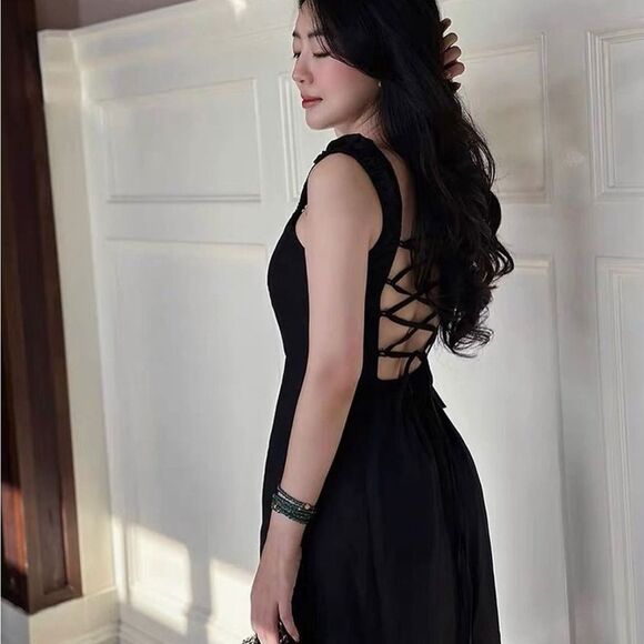 Zara Black Midi Dress with Lace-Up Back - Picture 6 of 13